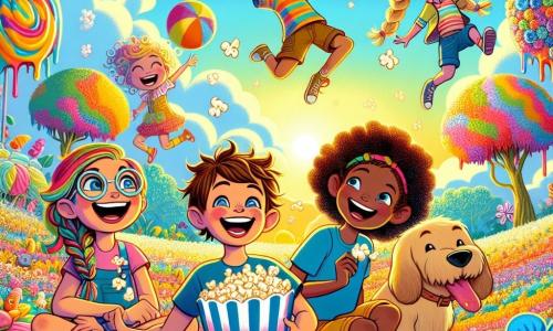 In einer bunten und verrückten Welt stehen fünf Freunde auf einem großen Feld mit bunten Blumen. Benni, ein 10-jähriger Junge mit zerzausten Haaren und einem roten T-Shirt, platzt mit einem breiten Lächeln Popcorn. Neben ihm ist Mia, ein 9-jähriges Mädchen mit braunen Haaren und runden Brillen, umgeben von Blumen, die um sie herumtanzen, als würden sie mit ihr sprechen. Felix, ein 11-jähriger Junge mit blonden Haaren und blauen Shorts, schwebt mit ausgebreiteten Armen in der Luft und lacht laut. Leni, ein 10-jähriges Mädchen mit bunten Zöpfen, verwandelt mit einer Handbewegung die Bäume in Süßigkeiten, während Paul, ein 9-jähriger Junge mit lockigem Haar, auf einem riesigen Hund sitzt, lacht und einen großen Ball hält. Die Szene zeigt die Freunde inmitten eines verrückten Rennens, umgeben von fliegendem Popcorn, mit Lachen und Farben überall. Sie haben Spaß daran, mit ihren magischen Kräften erstaunliche Dinge zu erschaffen und die Welt um sie herum in einen wahren Karneval der Freude und des Wahnsinns zu verwandeln.