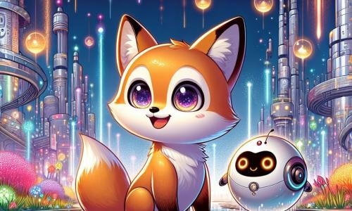 A young fox with sparkling eyes and fur as bright as a sunset stands at the center of the scene, amazed and curious, looking around with an excited smile. Beside him is a small, rounded robot with glowing eyes, expressing friendly joy, floating slightly above the ground, ready to guide the fox on this incredible adventure. The setting is a futuristic city with shimmering silver buildings that seem to dance in the wind, vibrant illuminated hanging gardens, and glowing paths winding through the scene. Floating orbs emit soft melodies, adding a touch of magic to the atmosphere. The main scene shows the fox and the robot standing in front of a musical fountain, where water shoots up in sparkling arcs, creating a fairy-tale ambiance. The enthusiastic fox is getting ready to explore this fascinating world while the robot explains the wonders of TechnoTopia.