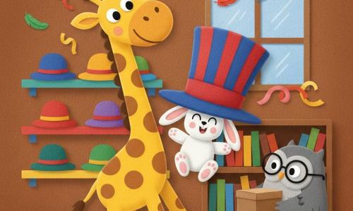 A tall yellow giraffe with brown spots, a soft muzzle and laughing eyes wears a very tall red-and-blue striped hat that tilts; she smiles widely and leans as if unsteady, while a small fluffy white rabbit (Benny) is completely hidden under the hat with only long ears and kicking feet visible; a librarian owl, Mr. Owl, with round glasses and gray plumage holds the hat box beside a shelf and watches the scene with a surprised, kindly expression; the setting is a cozy felt hat shop with a brown wooden floor, colorful shelves of felt hats and a large square window letting in soft light; the oversized hat tips and falls onto the rabbit, creating a funny, joyful moment with flying accessories (feathers, ribbons) accenting the motion.