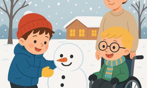 Există 3 personaje: - Luca: un băiat de 5 ani, cu părul castaniu și obrajii roșii. Poartă o geacă albastră, o căciulă roșie și mănuși galbene. Face un om de zăpadă, zâmbind și concentrat. - Matei: un băiat de 7 ani, cu părul blond și ochelari. Poartă o haină verde, o eșarfă în dungi și cizme negre. Stă într-un fotoliu cu rotile, observându-l pe Luca cu un mare zâmbet. - Mama: o femeie de aproximativ 30 de ani, cu părul șaten prins în coc. Poartă un pulover bej din lână și pantaloni negri. Stă lângă ușă, privindu-i pe băieți cu afecțiune. Locul este o curte de școală acoperită cu un strat gros de zăpadă strălucitoare, sub un cer gri deschis. Copacii goi, încărcați cu zăpadă, marginesc curtea, iar fulgii cad ușor. În fundal, se vede o mică clădire din lemn cu feronerie iluminate. Situația principală arată cum Luca se distrează modelând un om de zăpadă, în timp ce Matei îl încurajează cu bucurie din fotoliul său. Mama îi privește cu un zâmbet cald, bucurându-se de acest moment magic de iarnă.