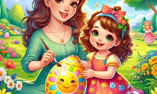 Una bambina di 2 anni, di nome Lina, con grandi occhi brillanti e capelli ricci castani, sorride con meraviglia tenendo in mano una tavolozza di colori vivaci. È seduta sull'erba verde del parco, circondata da fiori colorati, mentre dipinge un grande uovo di Pasqua giallo con un sole raggiante. Accanto a lei, sua madre, una donna di circa 30 anni con capelli lunghi e lisci, indossa un vestito leggero e colorato e la incoraggia con un sorriso caloroso. Si piega leggermente verso Lina, tenendo un pennello in una mano e un altro uovo nell'altra. Il parco è pieno di fiori brillanti, grandi alberi con foglie verdi e altri bambini che giocano e ridono sullo sfondo. Il cielo è blu con alcune nuvole bianche e il sole splende gioiosamente. In questa scena, Lina sta creando un'opera d'arte per Pasqua, piena di gioia e immaginazione, mentre sua madre la incoraggia e condivide questo momento magico con lei.