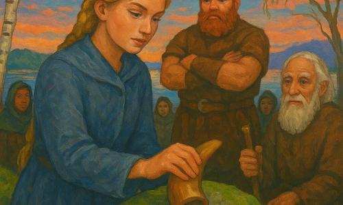 Una protagonista: Una, giovane donna dal viso determinato e dolce, capelli biondi intrecciati, mantello di lana grigio-blu; posa lentamente una corna di legno levigato su una grande pietra muschiosa, espressione serena e risoluta. Secondario: Bjorn, uomo maturo, corporatura larga, barba rossa arruffata, armatura di cuoio semplice, dietro Una con le braccia incrociate, diffidente ma impressionato. Secondario: l'Anziano guardiano, uomo anziano dalla pelle rugosa, capelli e barba bianchi, bastone di legno, seduto su una pietra vicina con sguardo benevolo. Gruppo di villaggi: piccoli gruppi misti in mantelli pesanti, attenti in semicerchio dietro le pietre, alcuni sussurrano. Luogo: riva di un fiordo nordico al crepuscolo, scogli coperti di muschio, acque calme che riflettono un cielo rosa e blu, betulle e salici contorti sullo sfondo, runa incisa sulla pietra centrale. Situazione: scena solenne mentre Una posa la corna sulla pietra centrale del Riparo delle Parole, luce morbida, atmosfera di speranza e riconciliazione, dettagli tattili (legno levigato, lana ruvida, muschio umido), composizione centrata ed equilibrata.