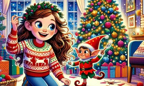 Una ragazza di 10 anni, Emma, con lunghi capelli castani ondulati e occhi brillanti di curiosità, sorride gioiosamente mentre raccoglie pezzi di carta da regalo colorata sparsi attorno a lei. Indossa un maglione rosso con un motivo di renna e un paio di jeans. Accanto a lei, un folletto burlone di nome Lutinello, con un piccolo cappello rosso a punta e orecchie a punta, fa una pirouette ridendo, i suoi occhi brillano di malizia. La scena si svolge in un soggiorno accogliente, decorato con un grande albero di Natale illuminato, con festoni scintillanti e palline colorate. Il pavimento è coperto di finti fiocchi di neve di cotone, creando un'atmosfera incantevole. Emma e Lutinello si danno da fare insieme per mettere ordine nel disordine festivo, ridendo e divertendosi mentre trasformano la stanza in un luogo magico, pronto a celebrare il Natale.