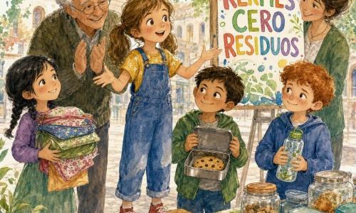 Luna, 8 años, radiante y orgullosa, cabello castaño claro en coletas, de pie sobre un pequeño banco de madera dando un breve discurso en la kermés cero residuos; a su alrededor niños: Dani, 8, pelo castaño corto y mirada traviesa, sostiene una caja metálica abierta con una gran galleta; Nora, 8, pelo negro trenzado, sostiene una pila de bolsas de tela coloridas; Leo, 8, pelirrojo y tímido, con una botella reutilizable junto a una mesa de tentempiés; un abuelo de unos 70 años con abrigo de lana aplaude suavemente detrás de Luna; la maestra, 30–40 años, con el pelo recogido, junto a un cartel que dice KERMÉS CERO RESIDUOS; en el patio escolar a plena luz del día, pavimento claro, banderines, mesas con tarros de vidrio, fiambreras y botellas reutilizables y un rincón de compost visible; ambiente alegre y comprometido, tonos cálidos con toques de verde y salpicaduras de acuarela para hojas y confeti.