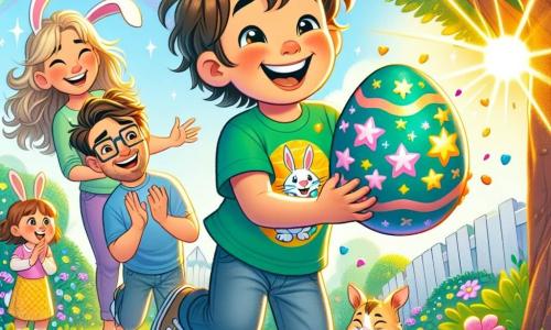 Un ragazzo di 6 anni, Leo, con capelli castani disordinati e un grande sorriso, indossa una maglietta verde con un coniglio e pantaloni blu. Sta saltando di gioia, tenendo in mano un bellissimo uovo di Pasqua colorato decorato con stelle e cuori. Accanto a lui, sua madre, una donna sulla trentina con capelli lunghi e biondi, lo osserva sorridendo orgogliosa, mentre suo padre, un uomo con occhiali e capelli castani, applaude entusiasta. Lo scenario è un giardino soleggiato, pieno di fiori colorati, grandi alberi verdi e un muro dipinto con un arcobaleno luminoso sullo sfondo. Leo è davanti a un grande albero, dove ha scoperto l'uovo speciale, circondato da fiori blu e un gattino che dorme pacificamente ai suoi piedi. La scena principale mostra Leo, raggiante di felicità, che celebra la sua scoperta di un uovo di Pasqua magico dopo aver risolto il mistero della caccia alle uova.