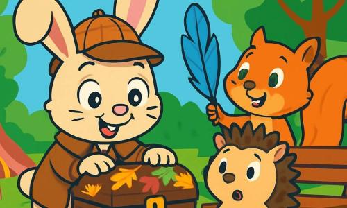 Un iepuraș detectiv pe nume Urechilă, cu urechi mari și o pălărie de detectiv, privește cu ochii plini de curiozitate o cutie misterioasă acoperită cu frunze colorate. Zâmbește entuziast, având lăbuțele pe cutie, pregătit să descopere ce se află înăuntru. Lângă el, un arici pe nume Țepișor, cu un corp rotund acoperit de țepi, pare surprins, iar o veveriță jucăușă pe nume Rozi, cu blana roșcată, ține în mână o pană albastră strălucitoare. Scena are loc într-un parc plin de flori colorate, copaci verzi și un tobogan roșu, sub un soare strălucitor. Urechilă și prietenii săi descoperă indicii misterioase care îi vor conduce spre comoara parcului.
