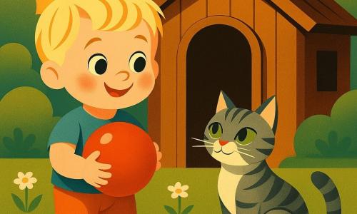 Een 2-jarig jongetje met rond gezicht en warrig blond haar, blije nieuwsgierige uitdrukking en grote ogen, houdt een glanzende rode bal tegen zijn borst; een poes genaamd Poes, grijs-witte gestreepte vacht en ondeugende groene ogen, zit bij de halfopen deur van een houten schuurtje en kijkt naar het jongetje alsof ze hem geholpen heeft; lichte tuin bij schemering met groen gras en kleine witte madeliefjes, ronde struiken en een bruin houten schuurtje met schaduw binnen; de scène toont het jongetje voor het schuurtje, de bal teruggevonden en de kat aan zijn zijde, warme zachte sfeer, verzadigde kleuren en eenvoudige geometrische vormen in art-decostijl.