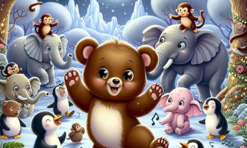 Mały miś o imieniu Bartek, z brązowym, miękkim futrem i dużymi, ciekawskimi oczami, radośnie tańczy w środku zaczarowanego zoo, z szerokim uśmiechem na twarzy. Otaczają go słonie, które słuchają muzyki, ich duże uszy biją w rytm melodii, podczas gdy pingwiny ślizgają się po lodzie w pobliżu, śmiejąc się i bawiąc. Zoo jest oświetlone srebrnym blaskiem księżyca, z majestatycznymi drzewami i kolorowymi kwiatami, które dodają magicznego uroku scenie. W tle małpy bawią się w chowanego na gałęziach, ich oczy lśnią psotą. Główna sytuacja pokazuje Bartka tańczącego z słoniami, podczas gdy pingwiny radośnie ślizgają się wokół niego, tworząc atmosferę zabawy i przyjaźni.