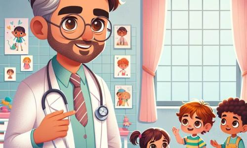 El personaje principal es el Doctor Javier, un hombre de unos cuarenta años, con cabello castaño ligeramente canoso, gafas redondas y una sonrisa cálida. Lleva una bata blanca impecable y sostiene un estetoscopio en sus manos, mirando con benevolencia a un grupo de niños. Entre los niños está Marco, un chico de 8 años con cabello castaño y ojos brillantes, que escucha atentamente al Doctor Javier con una gran sonrisa. A su lado, Lina, una niña de 7 años con dos coletas y un vestido colorido, levanta la mano con curiosidad para hacer una pregunta. La escena se desarrolla en el luminoso y acogedor consultorio del Doctor Javier, decorado con dibujos infantiles en las paredes, juguetes coloridos esparcidos por el suelo y una gran ventana que deja entrar la luz del sol. La situación principal muestra al Doctor Javier explicando a los niños la importancia de la salud, mientras ellos escuchan fascinados, cautivados por sus historias y demostraciones.