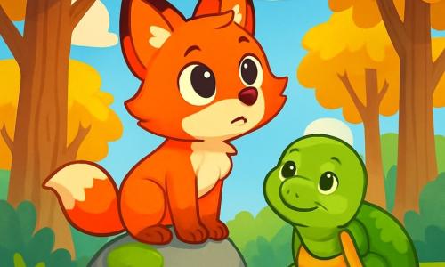 A small fox with bright orange fur and sparkling curious eyes, named Fennel, stands on a moss-covered rock, looking thoughtful and amazed. Next to him, a wise turtle with a mossy back and gentle eyes, called Sage, watches him with a kind smile, sitting quietly on the grass. The setting is an enchanted forest, where majestic trees with golden leaves rise toward a blue sky dotted with fluffy clouds. The scene conveys an atmosphere of magic and discovery as Fennel, with a determined look, prepares to ask a profound question about the world around him.