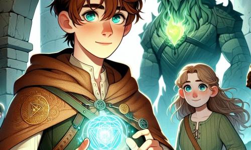 In the center of the image, a determined young man named Kael, around 16 years old, stands confidently. He has messy brown hair, deep blue eyes, and wears a worn leather tunic adorned with magical symbols. His face expresses both courage and hope as he raises a hand towards a bright glow, the heart of Eldoria, shining intensely in his palm. Beside him, Elara, a 15-year-old girl with long wavy hair dressed in a green linen dress, watches with admiration and excitement in her eyes, slightly stepping back to support Kael in his quest. In the background, a massive stone guardian, a mythical creature with emerald scales, stands majestically, its golden eyes fixed on Kael, ready to present him with a challenge. The setting is an ancient ruin, with stone walls covered in moss and tree roots winding through the cracks. Rays of light filter through the collapsed ceiling, illuminating the scene with a magical aura. The main situation shows Kael, determined to prove his worth, raising the heart of Eldoria towards the guardian, ready to face the challenge that could restore magic to his kingdom.