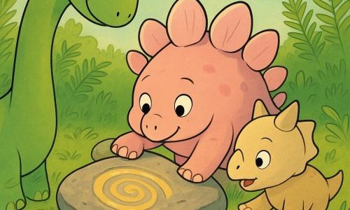A round, soft stegosaur with pale pink shell-like plates, curious and joyful, nudges a flat stone with its snout to reveal a small sun-colored glowing pebble; to the left a tender green long-necked sauropod listens to the pond and smiles calmly, and to the right a small beige-masked, short-horned ceratopsian reaches to touch the stone; the setting is a fern meadow with a shimmering round pond, smooth stones and a large slab engraved with a yellow sun spiral, bathed in warm morning light and soft shadows, the dinosaurs gathered around the warm, gentle glow.