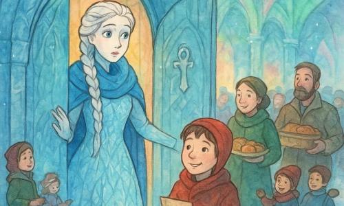 The Snow Queen (from Hans Christian Andersen), calm and slightly surprised, porcelain-pale skin, long braided white hair, pale blue crystalline ice gown, stands at the palace entrance holding the door open with one hand and a bright blue scarf draped over her shoulders; an 8-year-old boy with brown hair under a red hood stands to her right smiling and clutching a crumpled old paper; a ~35-year-old woman with chestnut hair in a green wool coat carries a tray of cinnamon rolls entering on the queen’s left; a ~40-year-old man with a short beard and muddy leather boots holds a wooden box behind the boy, curious; assorted villagers—children with sleds, a girl in a wheelchair, a drummer—fill the courtyard. The palace interior is translucent ice walls reflecting green and pink aurora streaks, polished frosted floors, soft frosty benches and rugs, and a large snowy cloth banner with a silver engraved open-door symbol. The scene depicts a warm welcome: the queen opening the door to invite everyone, golden warm light spilling out against the snowy exterior, laughter, friendly gestures, steaming cups of tea on a long table, convivial magical atmosphere. Style: colored ink illustration with fine lines and watercolor textures, cool palette accented with warm touches, composition centered on the open door and the queen.