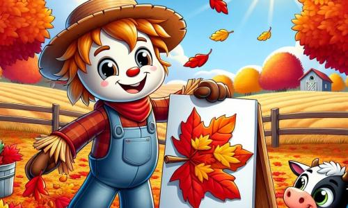 Uno spaventapasseri felice, con un cappello di paglia e un sorriso luminoso, si trova al centro di un campo autunnale, circondato da foglie colorate di rosso, arancione e giallo. I suoi bracci di legno sono aperti, come se accogliesse la bellezza della stagione, mentre dispone le foglie per creare un'opera d'arte su un grande pezzo di tela. Alla sua destra, una mucca dolce e curiosa, con pelliccia bianca e nera, osserva con meraviglia, i suoi grandi occhi brillanti di gioia. Si trova vicino a un mucchio di foglie, pronta ad aiutare il suo amico. A sinistra, un gatto dispettoso, con pelo rosso e occhi verdi scintillanti, gioca con una foglia caduta, ridendo e saltellando intorno allo spaventapasseri. Il luogo è un vasto campo soleggiato, punteggiato da grandi alberi con foglie vivaci, sotto un cielo blu chiaro costellato di nuvole bianche e soffici. In lontananza, si intravede una piccola fattoria con zucche e mele, aggiungendo all'atmosfera accogliente dell'autunno. La scena principale mostra lo spaventapasseri mentre crea una magnifica opera d'arte con foglie autunnali, mentre i suoi amici lo incoraggiano e partecipano alla raccolta delle foglie più belle, celebrando insieme la magia della stagione.
