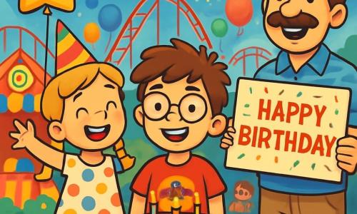 There are 3 characters: Tommy, a 10-year-old boy with messy brown hair and round glasses, wearing a red superhero t-shirt and blue shorts, standing in the center smiling with a large birthday cake in front of him; Lucy, a 10-year-old girl with braided blonde hair and a colorful party hat, wearing a multicolored polka dot dress and holding a star-shaped balloon, standing to the left of Tommy with her arms raised in joy; and Mr. Grizzle, an adult man with a bushy mustache and a warm smile, wearing a striped shirt and beige pants, standing to the right of Tommy holding a large "Happy Birthday" sign decorated with confetti. The scene takes place in Grand Adventure Park, a vibrant and colorful amusement park with roller coasters winding through a blue sky, bright candy stands, and festive decorations of balloons and garlands. In the background, children are laughing and playing around sparkling rides. The main situation shows Tommy, Lucy, and Mr. Grizzle celebrating Tommy's birthday, surrounded by laughter and joy, with dazzling fireworks lighting up the sky above them, creating a magical and festive atmosphere.