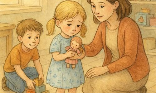 Czteroletnia Zosia, nieśmiała i rumiana, z błyszczącymi oczami pełnymi wyrzutów sumienia trzyma małą różową lalkę przy piersi; ma blond warkoczyki, mały okrągły nos, jasnoniebieską sukienkę w kwiaty i pasiastych skarpetkach, lekko pochylona jakby przepraszała. Około ośmioletni brat Tomek uśmiechnięty i wspierający, kuca przy półce i pomaga zbierać zabawki. Matka około 35 lat, czuła i życzliwa, kuca na wysokości dziecka z ręką na ramieniu Zosi, z wyrazem łagodności. Scena w przytulnej kuchni z jasną terakotą, drewnianym stołem, złotym światłem z okna, małym dywanikiem i półkami z pluszakami; główna sytuacja: Zosia przyznaje się do kłamstwa i prosi o wybaczenie — atmosfera pogodnej pojednania.