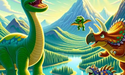 Um diplodoco alegre, chamado Dino, está no topo de uma montanha, com um longo pescoço esguio e uma pele verde brilhante, seus grandes olhos brilhando de curiosidade. Ele sorri amplamente, observando a bela paisagem abaixo. Ao seu lado, um tricerátopo chamado Tico, com chifres pontudos e pele marrom, salta de alegria, suas pequenas patas dianteiras levantadas no ar. Um estegossauro chamado Estela, com placas coloridas nas costas e uma expressão divertida, está um pouco mais atrás, admirando a vista. O local é uma montanha majestosa, cercada por florestas exuberantes e um lago cintilante abaixo, onde os raios de sol criam reflexos dourados na água. A cena principal mostra Dino, Tico e Estela juntos, descobrindo a beleza da paisagem e compartilhando um momento de felicidade e amizade, prontos para novas aventuras.