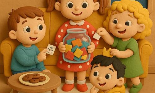 Four children: Mia, 6, light brown pigtails, red polka-dot dress, holding a large clear jar of colorful papers at center; Sam, 6, short brown hair, sky-blue sweater, seated left, pointing to a small paper with a snowman; Lily, 5, curly blonde hair, green dress, right of Mia, slipping a folded note into the jar while smiling; Ben, 6, black hair, yellow hoodie, crouched on the rug holding a small sparkling crown. Cozy living room with a cream star-patterned rug, mustard fabric sofa, colorful fairy lights, a small light-wood coffee table with chocolate cookies and a window showing a starry night. The children gather around the jar filling it with drawings and wish notes, laughing amid soft garland light, festive New Year atmosphere, bright contrasting colors and smooth, rounded playdough-like textures.