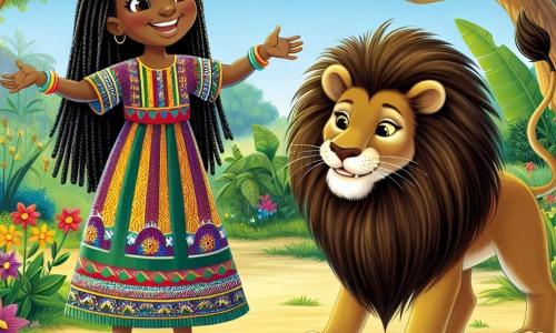 Amina é uma mulher africana na casa dos trinta anos, com longos cabelos negros trançados e um sorriso caloroso. Ela usa um vestido colorido com padrões africanos e está em pé à beira de um riacho, com os braços abertos, demonstrando determinação e alegria, pronta para ajudar seu amigo, o leão. O leão, um majestoso animal com olhos brilhantes e uma juba dourada, está ao lado de Amina, olhando a água com curiosidade. Ele parece um pouco triste, mas seu semblante muda para um sorriso amigável ao se voltar para Amina. O cenário é uma bela floresta tropical, com árvores majestosas e flores coloridas ao redor. O riacho brilha sob o sol, e pássaros coloridos voam no céu azul. A cena principal mostra Amina e o leão procurando peixes no riacho. Amina aponta para a água, animada com sua descoberta, enquanto o leão se prepara para mergulhar e pegar um peixe, simbolizando sua amizade e colaboração.