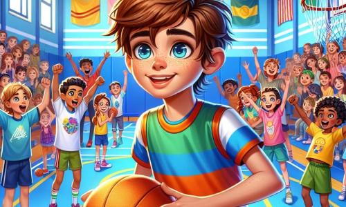 An 11-year-old boy named Oliver stands in the center of a bright gymnasium, with blue-painted walls and basketball hoops hanging from the ceiling. He has messy brown hair and determined sparkling eyes. His face shows great pride as he dribbles a basketball, surrounded by classmates cheering him on. Next to him, Mia, an 11-year-old girl with long braided hair, smiles enthusiastically, raising her arms in support. She wears a colorful t-shirt and sports shorts, ready to play. A group of children of different ages, boys and girls, stands behind them, all dressed in sportswear, displaying joyful and excited expressions. The gym is filled with spectators, with parents and students sitting on benches, applauding and encouraging the players. Colorful banners decorate the walls, carrying messages about equality and inclusivity. The scene represents the moment when Oliver and Mia organize the 