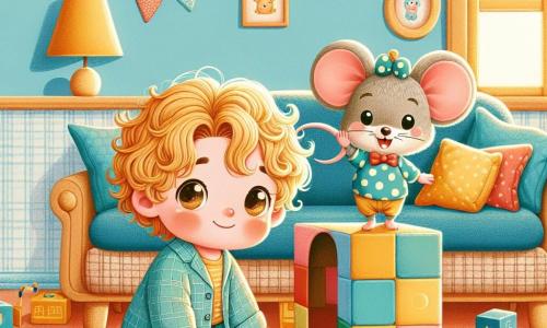 Pippo, un bambino di un anno con grandi occhi curiosi e capelli ricci dorati, è seduto su un tappeto colorato, circondato da blocchi da costruzione. Accanto a lui, un piccolo topo, un personaggio divertente con un cappello a pois e un sorriso malizioso, è in piedi su una scatola di peluche, pronto a giocare. L'ambiente è una camera accogliente, con pareti dipinte di blu pastello, scaffali pieni di libri di storie e peluche sparsi. Una dolce luce filtra da una finestra, creando un'atmosfera calda e accogliente. La scena principale mostra Pippo e il piccolo topo che giocano a nascondino, con Pippo nascosto dietro un divano, le sue ricce ciocche che spuntano, mentre il topo, con un'aria birichina, cerca ovunque facendo finta di non trovarlo.