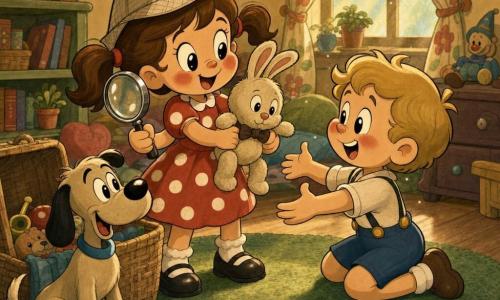 Chiara, 4 anni: felice e orgogliosa, grande sorriso guance rosate, occhi vivaci, capelli castani a coppia, cappello da detective di carta, lente lucida in mano, vestito rosso a pois, tiene delicatamente un coniglietto di peluche (