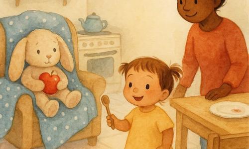 Bambina di 2 anni, volto rotondo, capelli castano chiaro in due codine, occhi grandi e curiosi, espressione determinata e gioiosa, tiene un piccolo cucchiaio-lente di legno e guarda verso una poltrona; la mamma, circa 30 anni, capelli castani raccolti in uno chignon, sorriso dolce, in piedi vicino al tavolo con la mano sul bordo e lo sguardo benevolo verso la bambina; un grande coniglio di peluche beige, pelo soffice e orecchie cadenti, tiene una mela rossa tra le zampe ed è parzialmente nascosto sotto una coperta sulla poltrona; cucina calda e luminosa con pareti crema, tavolo in legno chiaro con un piatto vuoto e una macchia di succo rosso, sedia in legno, piccolo divano con coperta blu a pois bianchi e pavimento piastrellato pastello; momento principale: la bambina scopre il coniglio che nasconde la mela, composizione centrata sulla bambina e sulla poltrona, colori tenui e atmosfera tenera e curiosa, texture acquerello.