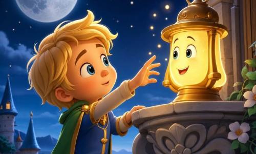 Un piccolo principe di nome Elio, bimbo dal viso rotondo, capelli biondi a ciocche morbide, grandi occhi curiosi e sguardo tenero e deciso; veste una tunica blu bordata d'oro e una corta mantellina verde, tende la mano verso una lanterna dorata sorridente posta sul davanzale. La lanterna, personaggio non umano, emana luce calda color miele e piccole particelle luminose che fluttuano intorno; è all'altezza delle mani di Elio. La scena si svolge su un largo davanzale in pietra scolpita con motivi floreali, sullo sfondo un cielo notturno profondo con una grande luna argentata bassa e stelle come piccole perle. Atmosfera calma e magica: luce soffusa, ombre morbide, colori pastello saturi, texture lisce e leggermente lucide; composizione centrata sull'incontro tenero tra Elio e la lanterna, tono caldo e rassicurante.