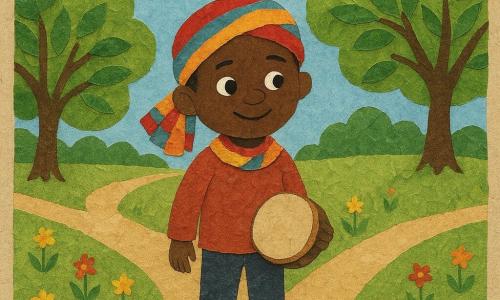 A young man named Kofi, with a curious smile and sparkling eyes, wears a colorful scarf and holds a small ancient drum. He stands at the intersection of three paths, ready to embark on an adventure. Around him, mango trees with bright green leaves form a natural crown. The ground is dotted with yellow and red wildflowers. The sky is a brilliant blue with a few fluffy white clouds gently floating by. The morning light bathes the scene in a soft golden glow, creating a warm and welcoming atmosphere.