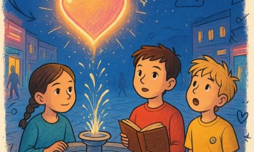 Na pierwszym planie po prawej Kuba (9 lat) z krótkimi brązowymi włosami i zdecydowaną miną trzyma pod pachą stary, beztytułowy książkę z otwartą dłonią, obok po lewej Maja (9 lat) z krótkimi zaplecionymi włosami, spokojnym spojrzeniem i ręką na krawędzi kamiennej fontanny, nieco z tyłu po prawej Antek (9 lat) z rozczochranymi blond włosami i otwartymi z zachwytu ustami, mający w kieszeni kapsel; scena na brukowanym miejskim placu z okrągłą kamienną fontanną, metalowymi ławkami i neonowymi wystawami, nad fontanną unosi się ogromny sercowaty balon ze złoto-różowego światła, przyciąga wzrok dzieci, zaczyna się kurczyć i spokojnie wślizguje się między kartki Kubowej książki, wszyscy troje mówią „dziękuję”; nasycone kolory (kobalt, magenta, ciepłe złoto), mokre odbicia na kostce, łagodne kontrasty, neonowe światła, lekki rozmyty tłum w tle, nakładki z rysunkowymi strzałkami, gwiazdkami i dziecięcymi kreskami podkreślającymi fantazję miejską.