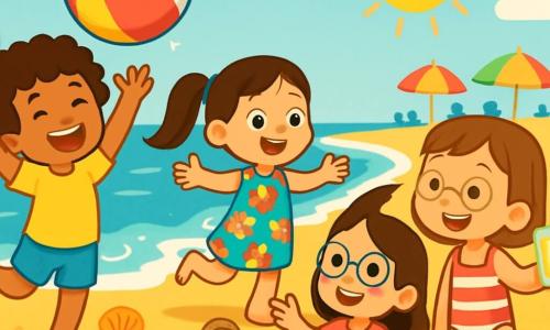 Ci sono 4 bambini: - Alice: una ragazza di 5 anni con capelli ricci e un grande sorriso. Indossa una maglietta gialla e un pantaloncino blu. Sta lanciando una palla da spiaggia in aria, piena di energia. - Sofia: una ragazza di 5 anni con capelli lisci e lunghi, raccolti in due codini. Indossa un vestito a fiori colorati. Corre verso le onde, con le braccia aperte e uno sguardo meravigliato. - Chiara: una ragazza di 5 anni con capelli castani e occhiali rotondi. Indossa una maglietta rosa e un pantaloncino di jeans. È seduta sulla sabbia, circondata da un cesto da picnic, mentre racconta una storia alle sue amiche. - Marta: una ragazza di 5 anni con capelli castani e un piccolo tutore alla gamba. Indossa un costume da bagno a righe. È in piedi vicino a Chiara, sorridente, mentre tiene un bicchiere di succo di frutta. Il luogo è una spiaggia soleggiata, con sabbia dorata che scintilla al sole. Le onde del mare sono di un blu brillante e conchiglie colorate sono sparse sulla riva. Sullo sfondo, ombrelloni colorati sono piantati nella sabbia e famiglie si divertono, creando un'atmosfera gioiosa e estiva. La scena principale mostra le quattro amiche che giocano insieme sulla spiaggia. Alice lancia la palla, mentre Sofia corre verso l'acqua, Chiara racconta una storia divertente e Marta, piena di gioia, alza il bicchiere per brindare con le sue amiche. L'atmosfera è piena di risate e felicità, catturando lo spirito delle vacanze estive.