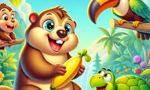 Martino, la marmotta, è al centro dell'immagine, con un pelo marrone morbido e occhi scintillanti di curiosità. Ha un ampio sorriso gioioso e tiene una grande banana gialla tra le piccole zampe. Accanto a lui, Tina, la tartaruga, è una tartaruga verde con un guscio lucido, che guarda la banana con meraviglia, mentre si regge lentamente sulle zampe posteriori. Bruno, la scimmia, è appeso a una liana sopra di loro, con un pelo marrone chiaro e un'aria maliziosa, pronto a saltare per prendere un pezzo di banana. Tino, il tucano, è posato su un ramo, con il suo grande becco colorato e piume vivaci, ridendo della situazione. Lo sfondo è una giungla lussureggiante, piena di fogliame verde brillante, fiori colorati e alberi maestosi, con un cielo blu chiaro sullo sfondo. La scena mostra Martino e i suoi amici che condividono gioiosamente la banana sotto una grande palma, circondati da risate e buon umore.