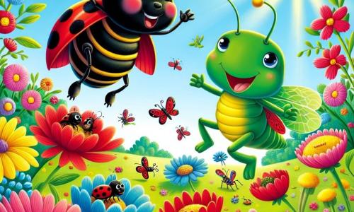 Ein kleiner Marienkäfer namens Max mit roten Flügeln und schwarzen Punkten lächelt fröhlich, während er über einen bunten Garten fliegt, umgeben von leuchtenden Blumen in allen Farben. Er tanzt in der Luft, seine kleinen Beine schlagen fröhlich. Neben ihm springt eine Grille namens Gina mit ihrem leuchtend grünen Körper und großen Antennen begeistert auf einer gelben Blume, ihre Augen strahlen vor Glück. Sie ermutigt ihn, indem sie ihre Vorderbeine schwenkt, voller Energie. Der Garten ist ein wahres Frühlingsbild mit rosa, blauen und gelben Blumen, die unter einem hellblauen Himmel blühen, während Sonnenstrahlen alles erleuchten und eine fröhliche, lebendige Atmosphäre schaffen. Die Hauptsituation zeigt Max und Gina, die den Frühling feiern, indem sie zusammen spielen, umgeben von Blumen und freundlichen Insekten, während sie kleinen Ameisen helfen, Krümel zu sammeln, was Freundschaft und die Freude der Saison symbolisiert.
