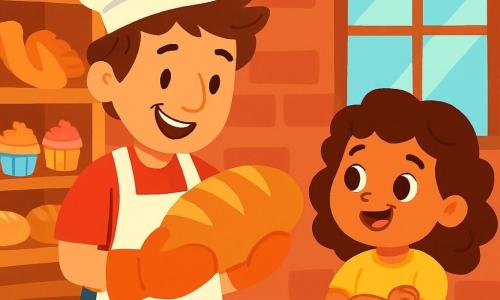 Um homem, Hugo, é um padeiro sorridente com cabelos castanhos bagunçados e um grande sorriso caloroso. Ele usa um avental branco e luvas de cozinha, segurando um pão dourado nas mãos. Ao lado dele, uma menina, Maria, de 6 anos, com cabelos cacheados e olhos brilhantes, o observa com admiração, de braços cruzados, ansiosa para provar o pão. A cena acontece em uma charmosa padaria, com paredes de tijolos vermelhos, prateleiras de madeira cheias de pães e doces coloridos, e uma janela que deixa entrar a luz da manhã. O ar está repleto de um delicioso aroma de pão quente. Hugo tira um pão do forno, com um olhar alegre e orgulhoso, enquanto Maria, com os olhos brilhando de curiosidade, aguarda ansiosamente o momento de degustar o pão recém-assado.