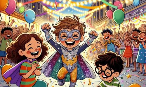 Un niño de 10 años, Lucas, con cabello castaño desordenado y una gran sonrisa, lleva un disfraz de superhéroe con una capa brillante adornada con estrellas de colores. Salta de alegría, con los brazos levantados, rodeado de confeti colorido que flota en el aire. A su lado, Sofía, una niña de 9 años con cabello largo y rizado, lleva un vestido colorido y sostiene purpurina en sus manos, lista para lanzarla al aire. Tomás, un niño de 10 años con gafas y una camiseta a rayas, está dibujando estrellas en un gran cartón, sentado en el suelo, mirando a Lucas con admiración. La escena ocurre en una calle animada de la ciudad de Colorín, decorada con serpentinas brillantes, globos de colores y luces festivas que iluminan la alegre atmósfera del carnaval. Lucas y sus amigos están a punto de subir al escenario para presentar su disfraz de superhéroe, rodeados de una multitud entusiasta que aplaude y espera con ansias su actuación.