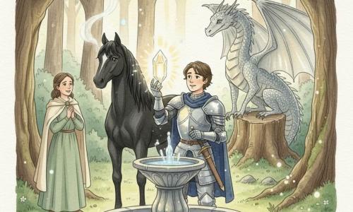 Sir Cedric, an ~18-year-old knight in shiny silver armor and a navy surcoat, smiles with a determined, awed expression while delicately holding the Healing Crystal that lights his face; Thunder, a glossy black horse, stands just behind with steaming nostrils and gentle eyes; a large silver dragoness perches on a rocky stump in the background with partially spread wings and a protective, benevolent gaze; Lady Elara, a ~35-year-old healer in a simple sage-green dress and cream cloak, stands at the meadow's edge with clasped hands, relieved and grateful, watching Sir Cedric; the scene is an enchanted forest glade with twisted trunks, translucent emerald leaves, a mossy carpet and small glowing flowers, and a carved stone fountain at the center where the crystal floats as golden sunbeams filter through; the moment is triumphant and gentle—the knight has recovered the crystal and magical light envelops the glade—composition centered on the knight and crystal, pastel blues, greens and silvers, watercolor textures with white gel-pen highlights on the crystal and dragon scales.