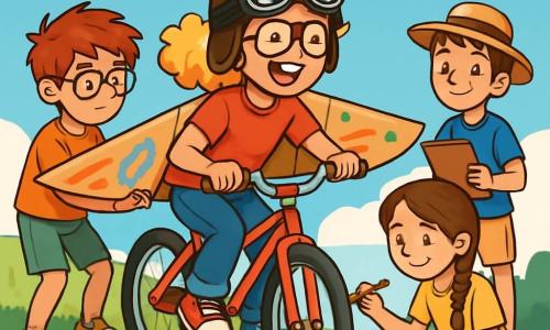 A 12-year-old girl with curly golden hair is wearing pilot goggles and a big smile radiating excitement. She is perched on a brightly colored bike with cardboard wings attached, ready to take off. Next to her, an 11-year-old boy with messy hair and glasses is adjusting the wings with a focused look, while a 12-year-old girl with brown braided hair is painting colorful patterns on the wings, sitting on the grass. Another 12-year-old boy, wearing a straw hat, holds a clipboard and observes the scene with an amused smile. The setting is a green hill dotted with wildflowers and bordered by a bright blue sky with fluffy white clouds. The main scene shows the girl ready to ride down the hill on her bike, surrounded by her friends who are cheering her on, all laughing and sharing a moment of joy and adventure.