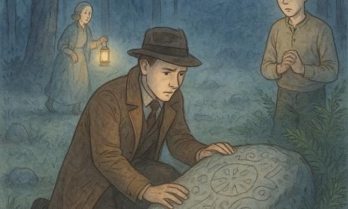 A man — detective James Holloway — kneels at the center, focused and slightly worried, wearing a long brown coat and felt hat, examining a large stone covered in carved symbols; a young man, Peter (about 20), stands at the circle's edge with clenched hands and a guilty, hesitant look, partially hidden by ferns and lit by distant lanterns; an older village woman (50–60) retreats in the background holding a lantern, surprised and anxious; the setting is a wooded clearing under a full moon with dark tree trunks, tall grass, small stones, light ground mist, and the warm lantern glow contrasting with the cold blue night, after a nocturnal village gathering around the strange-symbol stone, creating a quiet, mysterious tension.