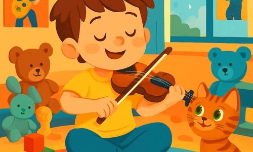 Um jovem garoto chamado Léo, com cabelos castanhos bagunçados e olhos brilhantes de alegria, está sentado no chão de seu quarto. Ele toca seu pequeno violino, com um sorriso radiante iluminando seu rosto, enquanto fecha os olhos para ouvir melhor a melodia que cria. Ao seu lado, um gato malhado de olhos verdes, curioso e atento, observa Léo com fascínio, como se fosse seu maior fã. O quarto está cheio de brinquedos coloridos: bichos de pelúcia, blocos de construção e pôsteres de músicos nas paredes. Uma janela deixa entrar a suave luz da tarde, e gotas de chuva escorrem pelo vidro, acrescentando um toque de magia à atmosfera. Léo, perdido em sua música, imagina um mundo onde pode compartilhar suas canções com todos os amigos, transformando seu quarto em um verdadeiro concerto encantado.