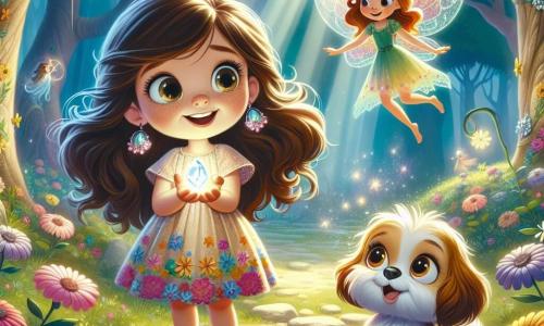 Uma menina de 8 anos, Clara, com longos cabelos castanhos e olhos brilhantes de curiosidade, está no centro da cena, sorridente e maravilhada, segurando uma pedra luminosa nas mãos. Ela veste um vestido colorido decorado com flores e sandálias, e seu fiel cachorro, Pipoca, um pequeno cão de pelos cacheados e olhos travessos, está sentado aos seus pés, abanando o rabo com entusiasmo. Ao lado deles, uma fada chamada Estela, com asas translúcidas cintilantes e um vestido feito de pétalas de flores, flutua levemente acima do chão, sorrindo calorosamente para Clara e Pipoca, guiando-os em sua aventura. O local é uma clareira mágica, cercada por grandes árvores de troncos retorcidos e flores vibrantes que parecem cantar ao vento. A luz do sol filtra através das folhas, criando padrões dançantes no chão. A cena principal mostra Clara, Pipoca e Estela descobrindo a pedra mágica que brilha intensamente no centro da clareira, enquanto uma estrela cadente atravessa o céu, iluminando a cena com um brilho encantador e promissor de aventuras que estão por vir.