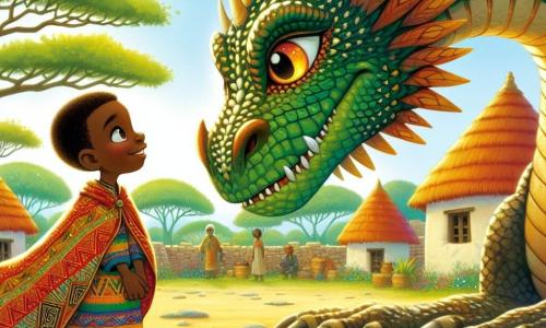 Kofi, um jovem de cerca de 20 anos, tem a pele de um tom marrom quente e olhos brilhantes de curiosidade. Ele usa uma túnica colorida com padrões africanos e um grande sorriso no rosto, mostrando sua determinação enquanto se posiciona corajosamente diante de um majestoso dragão. O dragão, uma criatura imponente com escamas verdes e douradas, tem olhos brilhantes e uma expressão ao mesmo tempo feroz e triste. Ele está ligeiramente recuado, observando Kofi com curiosidade, suas grandes asas abertas atrás dele, prontas para voar. A cena acontece em uma clareira ensolarada, cercada por majestosas árvores de folhas vibrantes, com flores coloridas espalhadas pelo chão. Ao longe, vê-se casas de barro da pequena aldeia de Nuru, onde os moradores assistem à cena com esperança. Kofi, com bravura, fala ao dragão, oferecendo amizade e uma solução pacífica para proteger a aldeia, enquanto o dragão, intrigado, ouve atentamente, criando um momento de tensão e esperança nesta bela clareira.