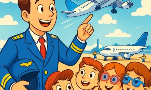 Um piloto homem, chamado Lucas, sorridente e entusiasmado, veste um uniforme azul com ombreiras douradas. Seus cabelos castanhos estão penteados para trás, e ele segura um capacete de piloto em uma mão enquanto aponta para um avião ao fundo. Ao lado dele, um grupo de cinco crianças, três meninos e duas meninas, com idades entre 8 e 10 anos, com os olhos arregalados de admiração. Os meninos usam camisetas coloridas e bonés, enquanto as meninas vestem vestidos leves e óculos de sol. O local é um aeroporto movimentado, com aviões de diferentes tamanhos estacionados na pista, nuvens brancas flutuando em um céu azul brilhante, e técnicos uniformizados trabalhando ao redor dos aviões. A cena principal mostra Lucas explicando às crianças as maravilhas do voo, apontando para um grande avião decolando, enquanto as crianças o escutam atentamente, cativadas por suas histórias de aventuras no ar.