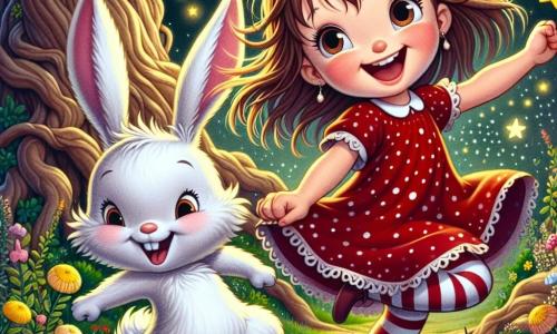 Uma menina de 4 anos chamada Lili, com longos cabelos castanhos e olhos brilhantes de alegria, dança com um grande sorriso no rosto. Ela usa um vestido vermelho com bolinhas brancas e meias listradas. Ao seu lado, um coelhinho travesso chamado Bilu, com pelagem branca e grandes orelhas, salta de alegria segurando uma estrela dourada nas patas. Eles estão em um jardim encantado, cheio de flores coloridas que dançam ao ritmo de uma brisa suave. Árvores majestosas com troncos tortuosos cercam o espaço, e estrelas cintilantes flutuam no ar, acrescentando um toque de magia à cena. Lili e Bilu dançam juntos, cercados por pequenas estrelas que giram ao redor deles, criando uma atmosfera festiva e alegre, cheia de risos e felicidade.
