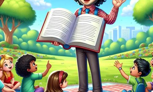Un uomo, il Maestro Marco, si trova al centro di un parco soleggiato, con un grande sorriso caldo sul volto. Ha capelli neri e ricci, indossa una camicia a quadri rossi e blu, e tiene un grande libro aperto tra le mani, pronto a raccontare una storia. Alla sua destra, una bambina di 7 anni di nome Sofia, con lunghi capelli biondi e occhi blu scintillanti, alza la mano con entusiasmo per fare una domanda. Alla sua sinistra, un ragazzo di 8 anni di nome Luca, con occhiali e un grande sorriso, tiene un piccolo insetto in mano, mostrando la sua scoperta ai compagni. Il luogo è un parco verdeggiante, pieno di alberi maestosi, fiori colorati e una grande coperta da picnic dove altri bambini sono seduti, ascoltando attentamente. La scena principale mostra il Maestro Marco mentre condivide una storia affascinante con i suoi alunni, circondato da risate e curiosità, mentre il sole splende sopra di loro, creando un'atmosfera gioiosa e magica.