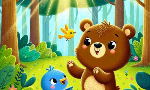 A little brown bear named Ben, with soft fur and sparkling curious eyes, joyfully stands in the middle of a sunny forest, raising a paw to show a glimmer of light. Next to him, a bright blue bird named Pip, with a small yellow beak and shiny feathers, flies in circles around Ben, displaying an expression of excitement and happiness. The forest is filled with majestic green trees, colorful flowers, and a soft ray of sunlight filtering through the leaves, creating a magical atmosphere. Ben and Pip are celebrating the discovery of a pretty shiny pebble, surrounded by leaves and twigs, in a scene full of joy and friendship.