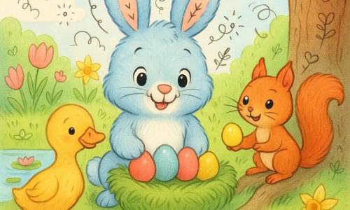 A small blue plush bunny (main character) with round shiny eyes, a gentle smile and joyful expression, pale fluffy blue fur with a white belly, delicately holding four colorful eggs and sitting in a grass nest; to the left, an orange-yellow duck (secondary) with smooth plumage and a kind curious gaze stands near a small pond reflecting light, tilting its head as if greeting; to the right, a small red squirrel (secondary) with bright eyes and whiskers, a mischievous friendly expression, perched on a tree root offering a yellow egg on its paw; setting: bright spring garden with tender green grass, pink tulips, yellow daffodils, a large textured brown-trunk tree and a calm pond with lily pads, clear blue sky with a few fluffy clouds; main scene: the bunny arranging its colorful eggs in a row in the nest while the duck and squirrel watch and smile, soft mood, vivid pastel colors, rounded textures and simple shapes; add a light overlay of white doodles (small hearts, flowers and motion lines) around the characters for a joyful childlike effect; style: children's illustration, soft strokes, rounded outlines, pastel palette, centered clear composition.