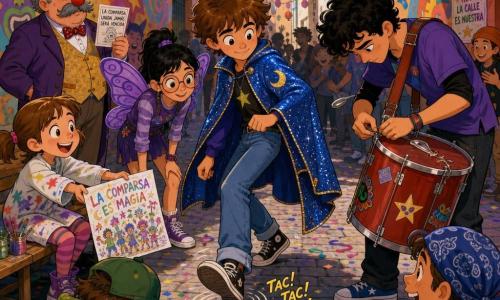 Un niño de 12 años, Bruno, rostro concentrado y sonrisa tímida, ojos brillantes, cabello castaño despeinado, chaqueta azul con capa estrellada brillante, marca el ritmo con el pie derecho en un empedrado; un adolescente, Teo (≈16 años), piel clara y rizos negros, lleva un gran tambor rojo con correa y se inclina a la derecha de Bruno ajustando la correa rota; una niña de 11 años, Laila, cabello recogido, alas de mariposa violetas y gafas redondas, sonriente, se agacha detrás de Bruno para escuchar el 