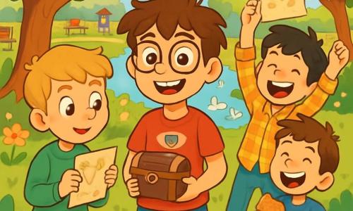 Hay 4 niños: - Nacho: un chico de 10 años, con cabello castaño desordenado y gafas redondas. Lleva una camiseta roja con un dibujo de superhéroe y un pantalón corto azul. Está de pie en el centro, sonriendo con entusiasmo, sosteniendo una pequeña caja misteriosa. - Lucas: un chico de 9 años, con cabello rubio corto y ojos brillantes. Lleva un sudadera verde y pantalones beiges. Está a la izquierda de Nacho, leyendo una de las pistas con curiosidad. - Mateo: un chico de 10 años, con cabello negro y pecas en la cara. Lleva una camisa a cuadros y jeans. Está a la derecha de Nacho, levantando los brazos con alegría, habiendo encontrado otra pista. - Diego: un chico de 9 años, con cabello castaño y una sonrisa radiante. Lleva una camiseta azul y un pantalón corto rojo. Está un poco atrás, riendo con una galleta en la mano, mirando a sus amigos con felicidad. El lugar es un parque soleado, lleno de flores coloridas y árboles majestuosos. Hay un pequeño estanque con patos nadando pacíficamente y un viejo puente de madera que cruza el agua. Hay bancos de madera dispersos, y niños jugando a lo lejos, creando una atmósfera alegre y animada. La situación principal muestra a los cuatro amigos en plena búsqueda del tesoro, rodeados de hojas y flores, con risas y sonrisas radiantes. Están concentrados en sus pistas, listos para descubrir el tesoro escondido, simbolizando su amistad y la magia del Día de San Valentín.