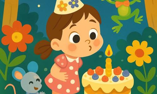 Una bambina di 2 anni, Mia, con grandi occhi brillanti e un sorriso radioso, si trova al centro dell'immagine. Indossa un vestito rosa a pois bianchi e un piccolo cappello di carta decorato con fiori colorati. Sta soffiando su una grande candela di compleanno su una torta magnificamente decorata di crema e frutta. Accanto a lei, un piccolo topolino di nome Pino, con un cappello blu e orecchie rotonde, applaude gioiosamente. Più lontano, una rana verde di nome Lalla, con un bel fiocco rosa attorno al collo, salta in aria ridendo, con le zampe posteriori sollevate. Il decor è un boschetto magico, pieno di fiori giganti dai colori vivaci e lucciole scintillanti che illuminano il cielo crepuscolare. Gli alberi dai tronchi dorati circondano lo spazio, creando un'atmosfera incantata. La scena principale mostra Mia, circondata dai suoi amici, mentre celebra il suo compleanno con gioia, pronta a soffiare le candeline, mentre risate e colori vivaci riempiono l'aria.