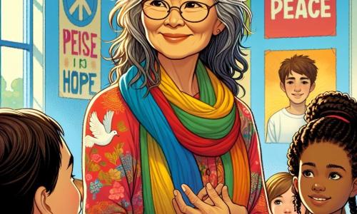 Al centro dell'immagine, Laura, una donna di circa cinquanta anni, sorride calorosamente con i capelli brizzolati che fluttuano leggermente nel vento. Indossa una blusa colorata e un foulard vivace, simbolo di speranza. I suoi occhi brillano di emozione mentre parla a un gruppo di bambini, trasmettendo storie di pace e solidarietà. Alla sua destra, Marco, un ragazzo di dodici anni con capelli ricci e occhiali, la ascolta attentamente, pronto a scrivere le sue riflessioni. A sinistra di Laura, Alessia, una ragazza di dieci anni con trecce e un sorriso radioso, alza la mano per porre una domanda, mostrando entusiasmo e curiosità. Indossa una maglietta con un disegno di colomba, simbolo di pace. Lo sfondo è un'aula luminosa, con muri dipinti di colori vivaci e poster sulla pace. L'immagine cattura l'energia dello scambio, i sorrisi e le risate, simboleggiando la speranza di un futuro migliore.